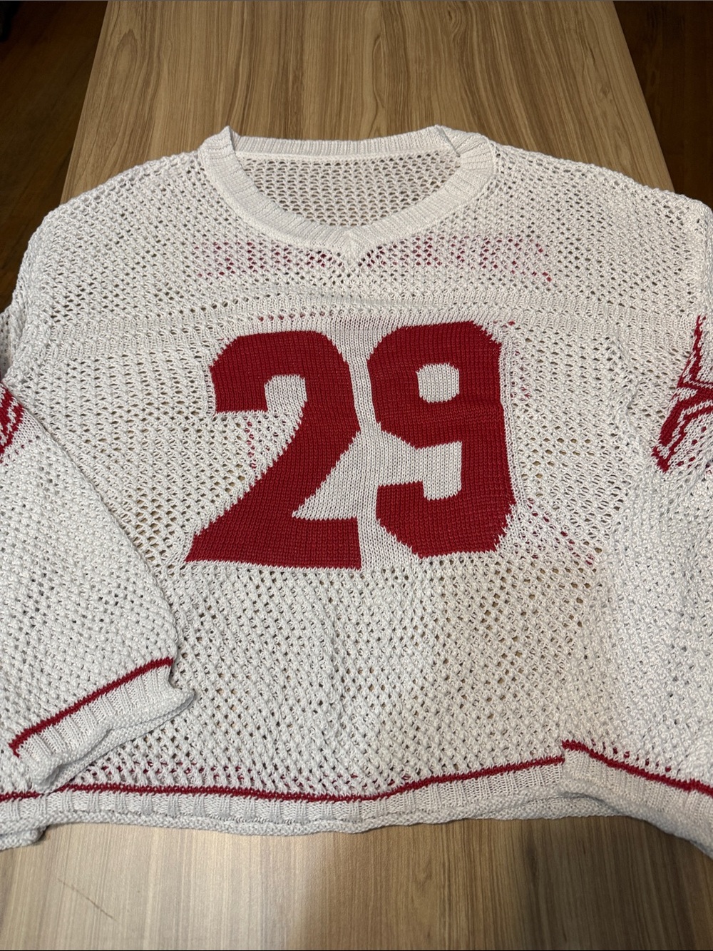 SHEIN White Open-Knit Crewneck Sweater with Red '29' Graphic